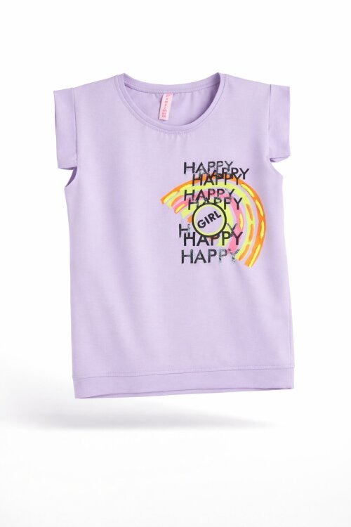 Lila Gökkuşağı Nakışlı Kız Çocuk Tişört 15569
