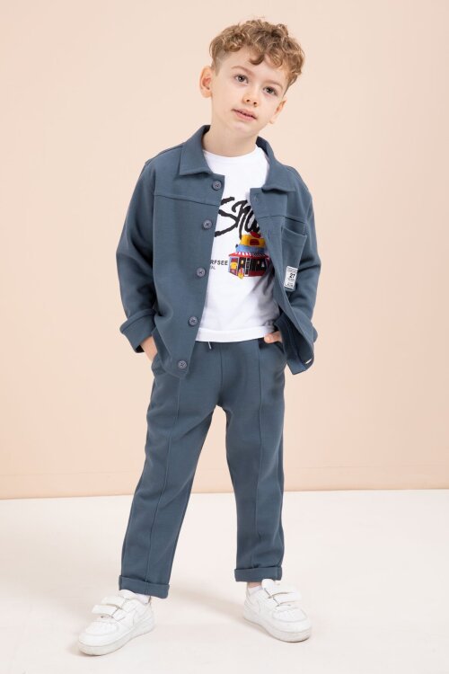 Mavi Arma Detaylı Gömlekli Duble Paça Pantolonlu Erkek Çocuk 3lü Takım 23620
