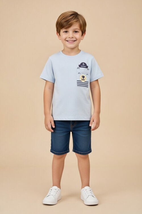Mavi Ayıcık Baskılı Cepli Erkek Bebek Tişört 20934