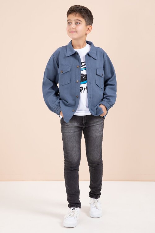 Mavi Düğmeli Cepli Gömlekli Jean Pantolonlu Erkek Çocuk 3lü Takım 23634