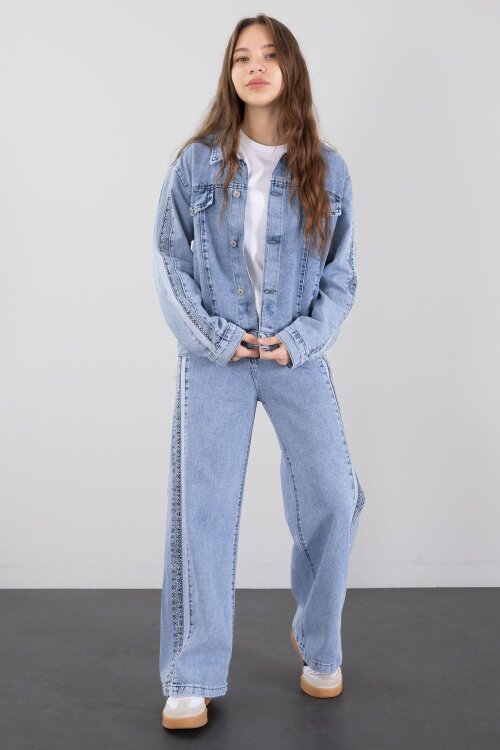 Mavi Taş Detaylı Düğmeli Ceketli Pantolonlu Kız Çocuk Jean Takım 23467