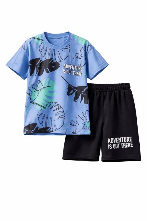 Mavi Yaprak Baskılı Bisiklet Yaka Erkek Çocuk 2li Şortlu Takım 21054