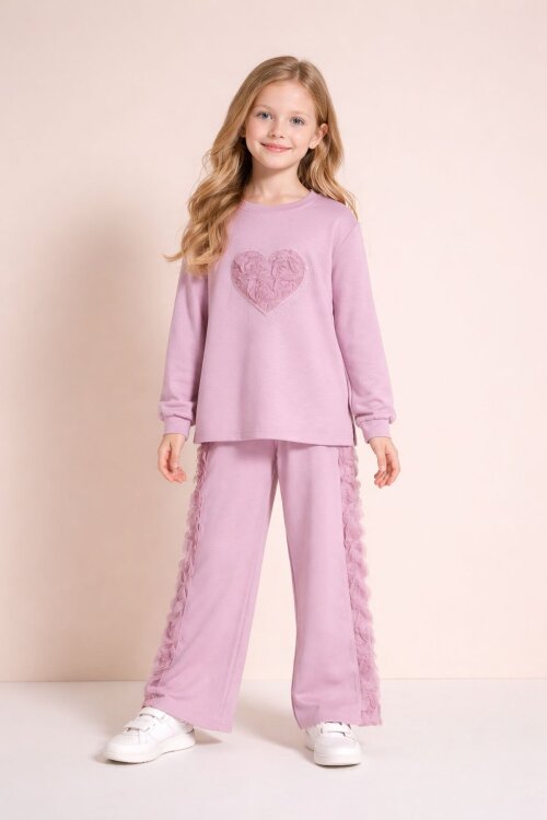 Pembe Gül Detaylı Geniş Paça Pantolonlu Kız Çocuk Badili 2li Takım 23730