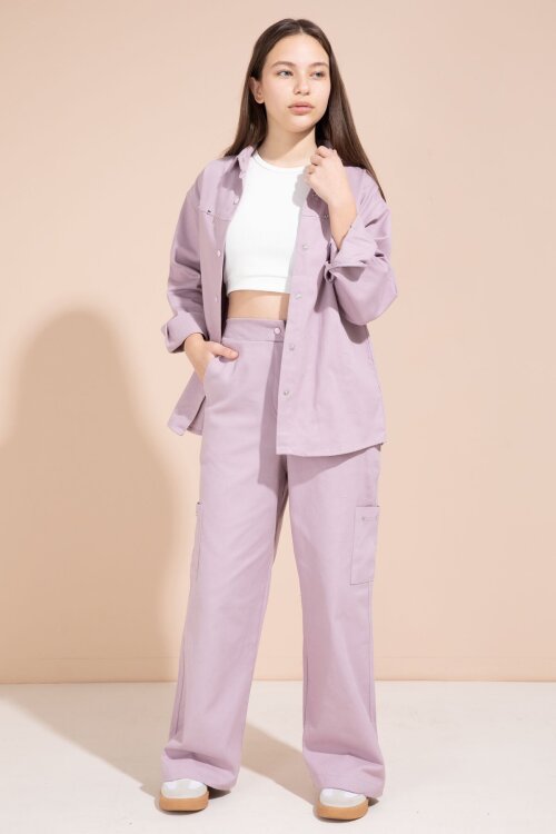 Pembe Kalp İşlemeli Gömlekli Geniş Paça Pantolonlu Kız Çocuk Gabardin Takım 23552