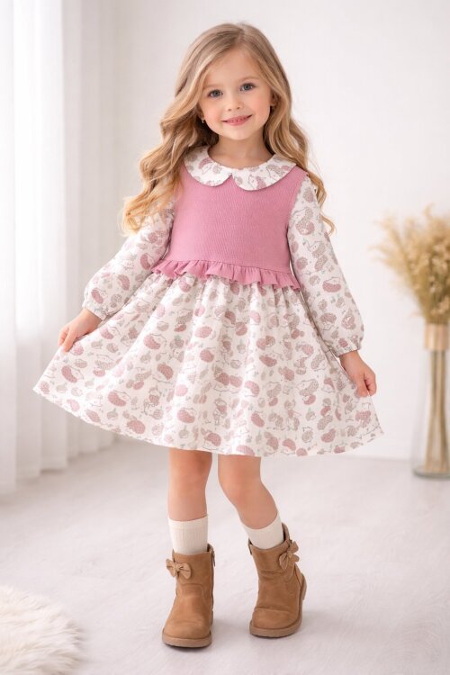 Pembe Kirpi Desenli Süveterli Kız Çocuk Elbise 20222