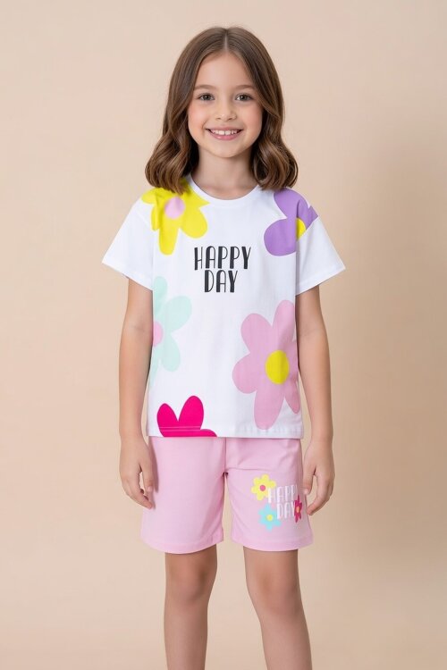 Pembe Renkli Çiçek Baskılı Tİşörtlü ve Şortlu Kız Çocuk 2li Takım 21064