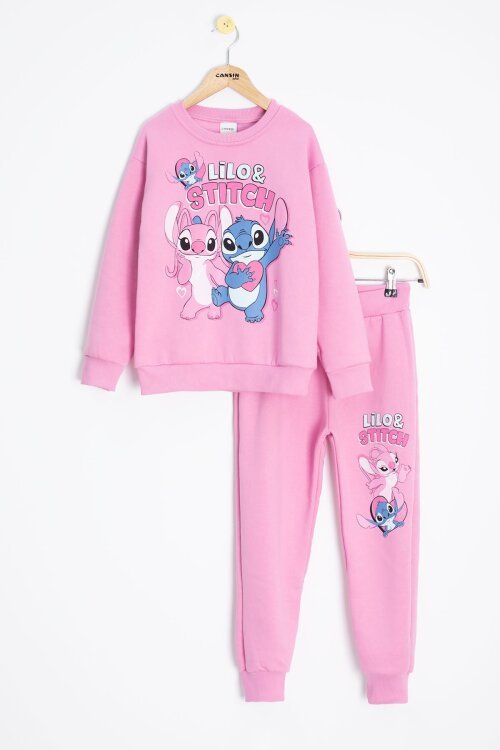 Pembe Sevimli Simli Karakter Baskı Şardonlu Kız Çocuk Eşofman Takım 23294