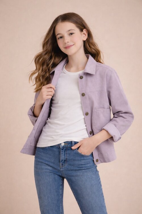 Pembe Sırtı Düğme Detaylı Kız Çocuk Gabardin Kumaş Ceket 23569