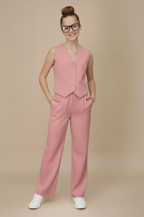 Pembe V Yaka Düğmeli Yelekli Geniş Paça Pantolonlu Kız Çocuk 2li Takım 20724