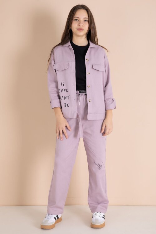 Pembe Yazı Detaylı Gömlekli Kız Çocuk Pantolonlu Gabardin Takım 23564