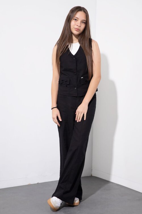 Siyah Cepli Keten Yelekli Yüksek Bel Pantolonlu Kız Çocuk Alt Üst Takım  23544