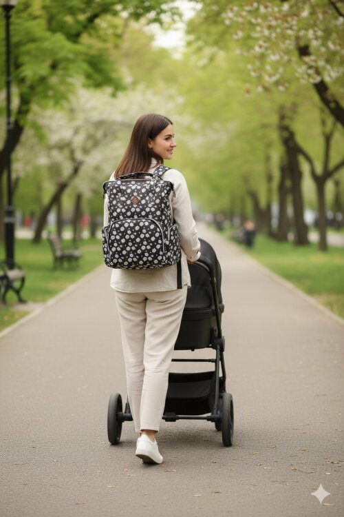 Siyah Çiçek Desenli Çok Fonksiyonlu Anne Bebek Bakım Çantası 19712