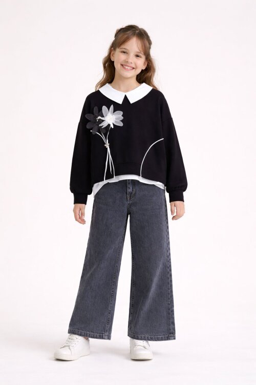 Siyah Çiçek Detaylı Badili Gömlekli Kız Çocuk 3lü Alt Üst Takım 23529