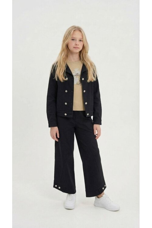Siyah Çift Düğme Detay Gömlekli Pantolonlu Kız Çocuk Gabardin Takım 23539