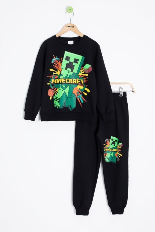 Siyah Erkek Çocuk Karakter Baskılı Bisiklet Yaka Eşofman Takımı 23324