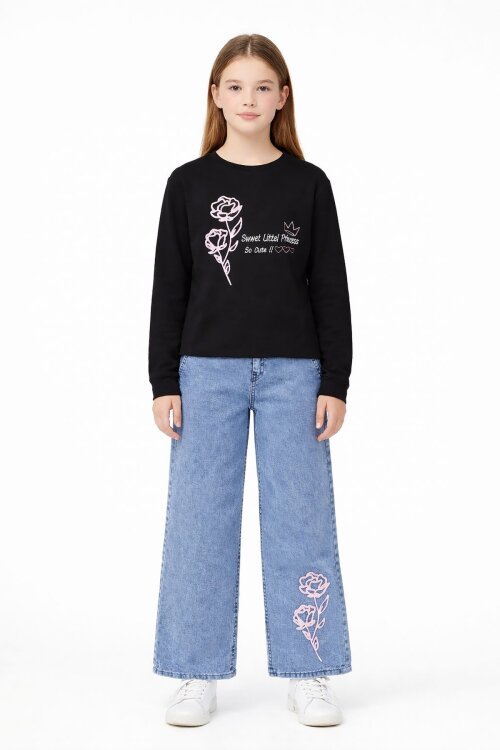 Siyah Gül Nakışlı Badili Jean Pantolonlu Kız Çocuk 2li Takım 23748