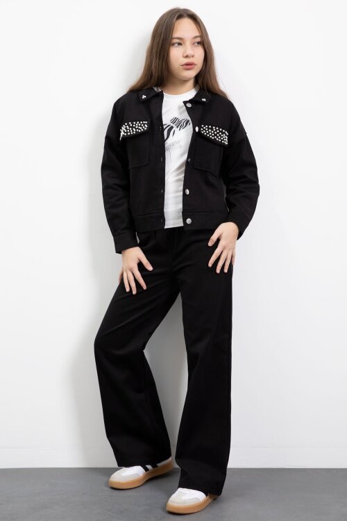 Siyah İnci Detaylı Jean Ceketli Kız Çocuk 3lü Pantolonlu Takım  23480