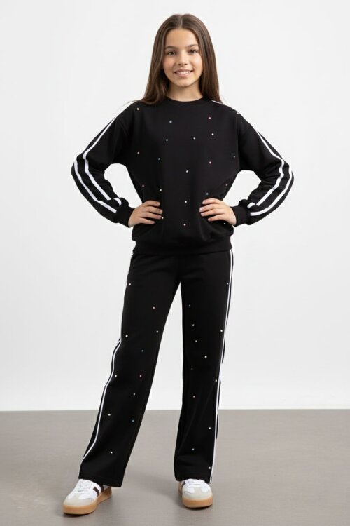 Siyah İnci İşlemeli Bisiklet Yaka Kız Çocuk Şeritli Eşofman Takımı 21291