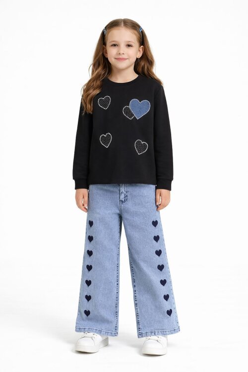 Siyah Kalp Desenli Badili Jean Pantolonlu Kız Çocuk 2li Takım  23743