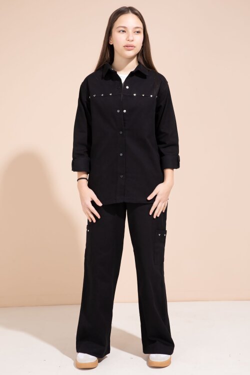 Siyah Kalp İşlemeli Gömlekli Geniş Paça Pantolonlu Kız Çocuk Gabardin Takım 23551