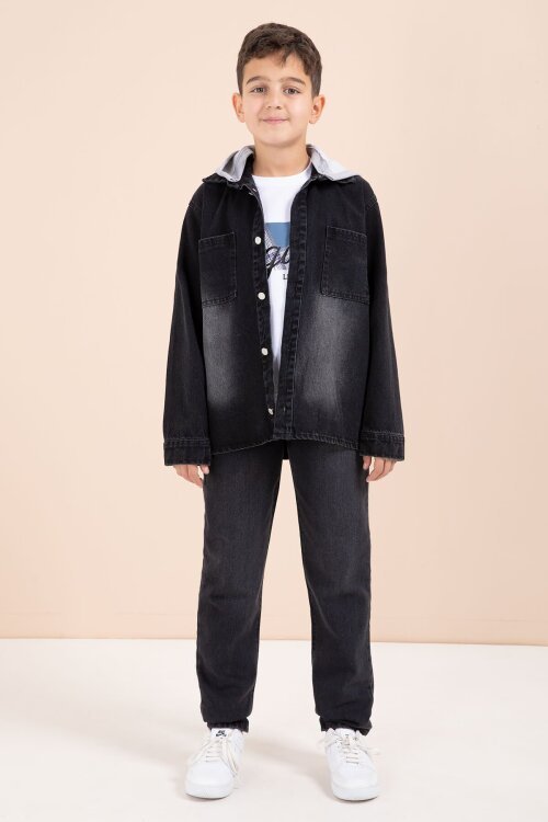 Siyah Kapüşonlu Ceketli Pantolonlu Erkek Çocuk 3lü Jean Takım  23623