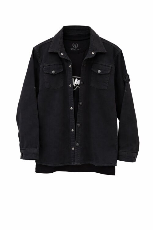 Siyah Keten Gömlekli Bisiklet Yaka Baskılı Tişörtlü Erkek Çocuk 2li Takım 20255