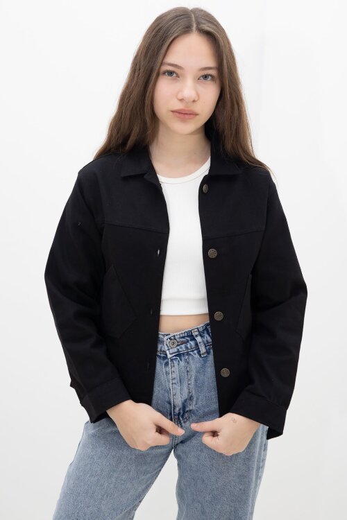 Siyah Sırtı Düğme Detaylı Kız Çocuk Gabardin Kumaş Ceket 23568