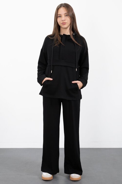 Siyah Yarım Fermuarlı Kapüşonlu Kız Çocuk Geniş Paça Eşofman Takımı 23408