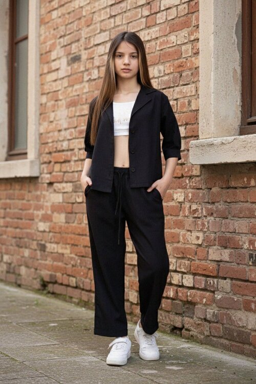 Siyah Yarım Kol Kız Çocuk 3lü Croplu Takım 20322