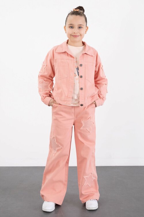 Somon Kolları Star Taşlı Jean Ceketli Kız Çocuk 3lü Alt Üst Takım 23426