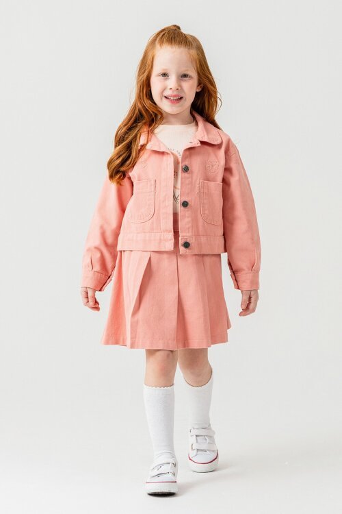 Somon Papatya Nakışlı Ceketli Kız Çocuk Jean Ceketli 3lü Takım 23433