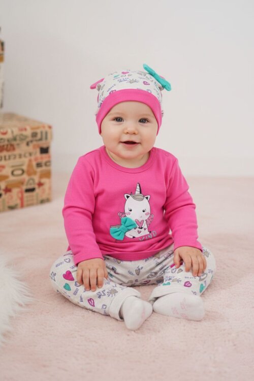 Unicorn Baskılı Badili Şapkalı Kız Bebek Takım 17371