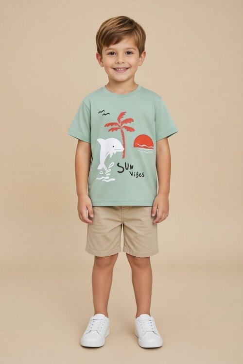 Yeşil Balık Baskılı Nakışlı Erkek Bebek Bisiklet Yaka Tişört 20944