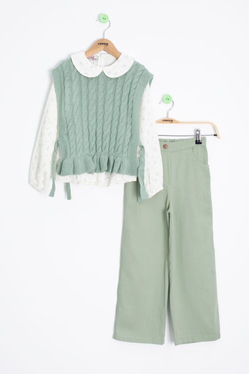 Yeşil Örgü Süveterli Desenli Müslin Gömlekli Kız Çocuk 3lü Takım 20679