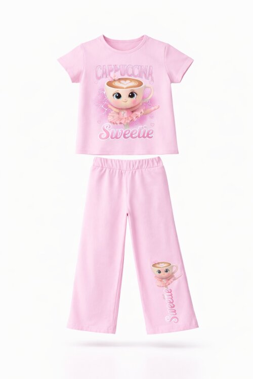 Açık Pembe Ballerin Baskılı Geniş Paça Taytlı Kız Çocuk 2li Takım  23800