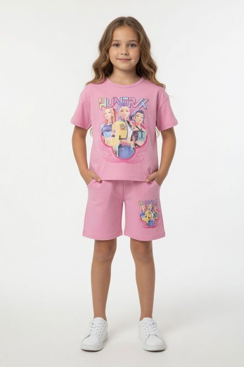 Açık pembe Girls Baskılı Kız Çocuk Şortlu Tişörtlü 2li Takım  23908