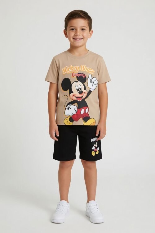 Bej Erkek Çocuk Mickey Fare Baskılı Şortlu 2li Takım 23969