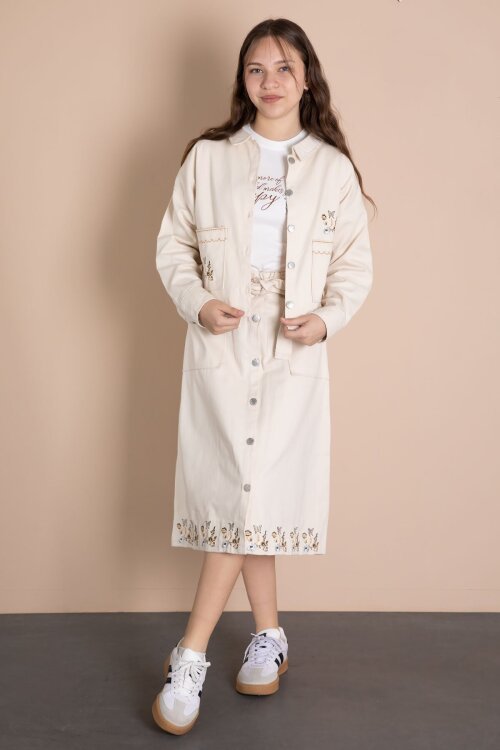 Bej Nakış Detaylı Jean Ceketli Kuşaklı Etekli Kız Çocuk 3lü Takım  24045