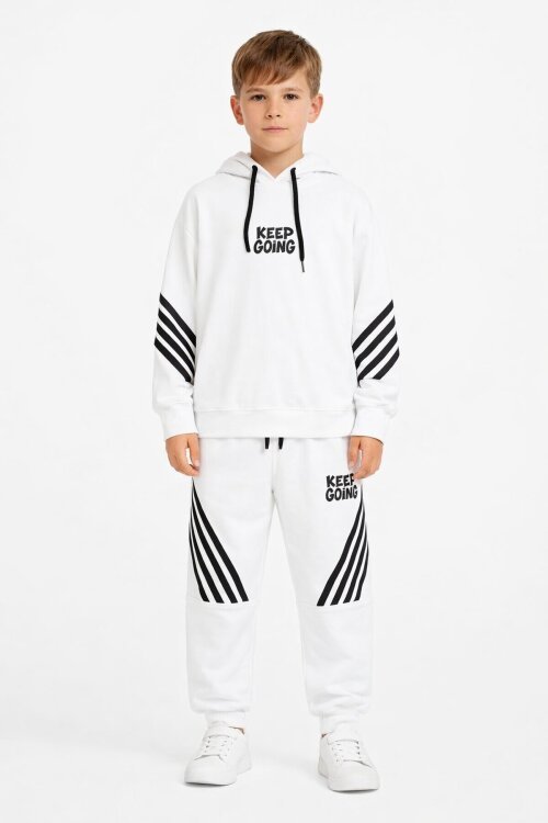 Beyaz Erkek Çocuk Keep Going Yazılı Şeritli Erkek Çocuk Kapüşonlu Eşofman Takımı 23417