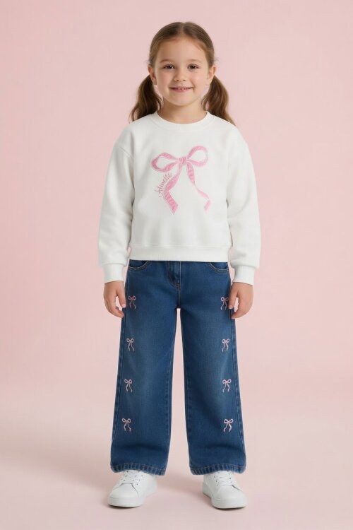 Ekru Fiyonk Nakışlı Sweatshirt Jean Pantolon Kız Çocuk Takım 24529