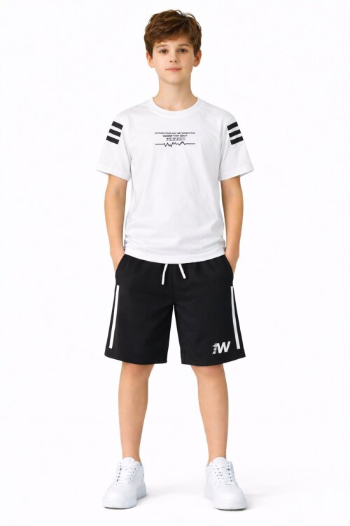 Ekru Şerit Detaylı Yazılı Tişörtlü Erkek Çocuk Şortlu Takım 23770