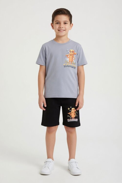 Füme Erkek Çocuk Bisiklet Yaka Tişörtlü Şortlu 2li Baskılı Takım 24003