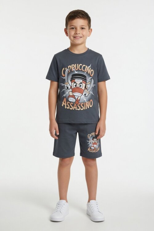 Füme Karakter Baskılı Bisiklet Yaka Tişörtlü Erkek Çocuk Şortlu Takım 23844