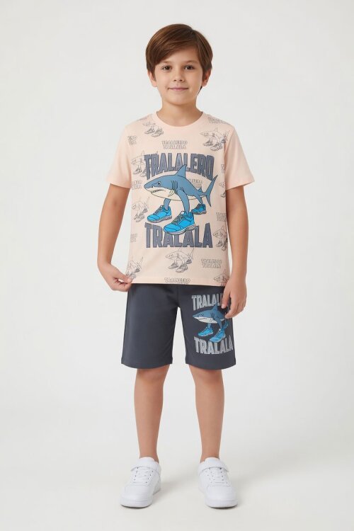 Füme KöpekBalığı Baskılı Bisiklet Yaka Erkek Çocuk Şortlu Takım 23840