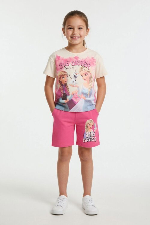 Fuşya Karlar Kraliçesi Baskılı Kız Çocuk Tişörtlü Şortlu Takım  23953
