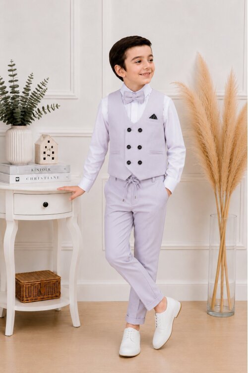 Gri Düğmeli Yelekli Papyonlu Gömlekli Erkek Çocuk 4lü Takım Elbise 20544