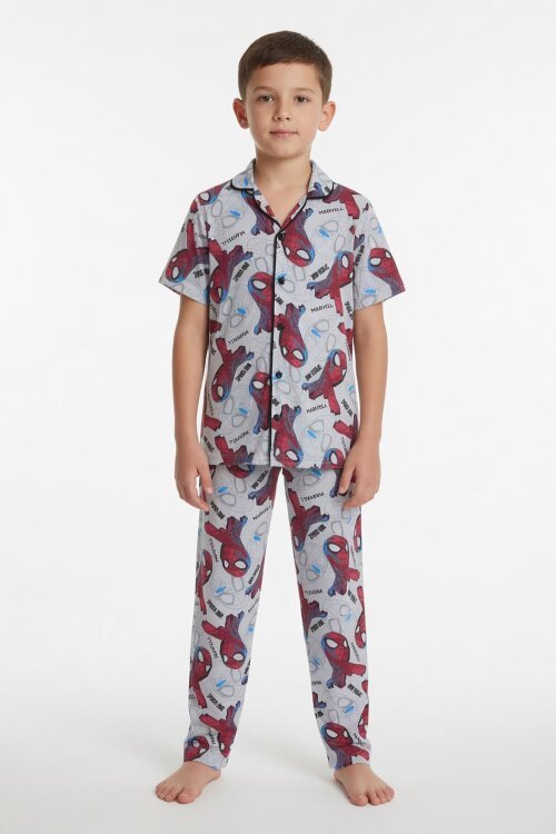 Gri Örümcek Adam Baskılı Erkek Çocuk Düğmeli Pijama Takımı 24010