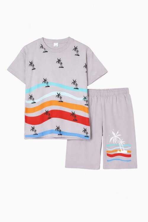 Gri Palmiye Desenli Bisiklet Yaka Erkek Çocuk Şortlu Takım 20630
