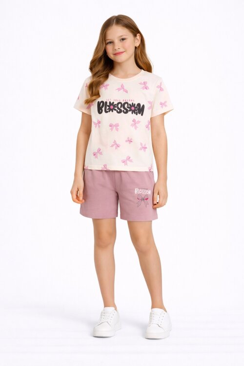 Gül Kurusu Fiyonk Desenli Bisiklet Yaka Tişörtlü Kız Çocuk Şortlu Takım 23884