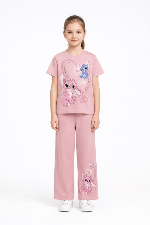 Gül Kurusu Kalpli Karakter Baskılı Geniş Paça Pantolonlu Kız Çocuk 2li Takım 23809